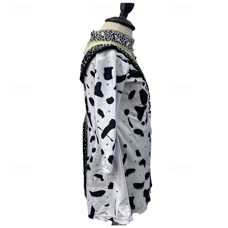 Figure Skating Dress Women's Girls' Ice Skating Dress Black White Patchwork Thumbhole Mesh Spandex Stretchy Training Practice Professional Skating Wear Thermal Warm Crystal / Rhinestone Long Sleeve4
