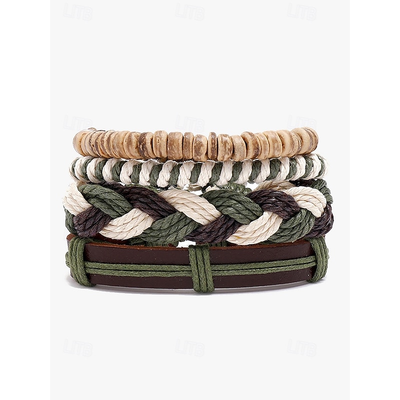 Men's Vintage Woven Bracelet Set – Multi-Layered Braided Leather and Rope Bracelets with Natural Bead Accents, Boho Style Accessory