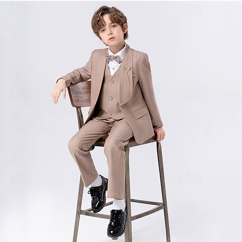 5 Pieces Ring Bearer Suit Boys Kids Suit Formal Suit Blazer & Vest & Pants & Brooch & Tie Formal Party Valentines Fashion Cool Stripe Pocket Khaki Dark Gray Polyester3