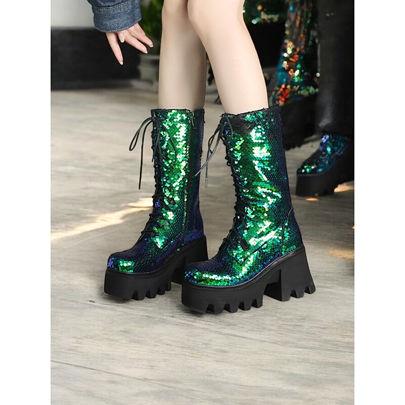 Women's Sequin Lace-Up Platform Boots – Green and Blue Shiny Chunky Heel Boots for Parties, Festivals, and Cosplay3