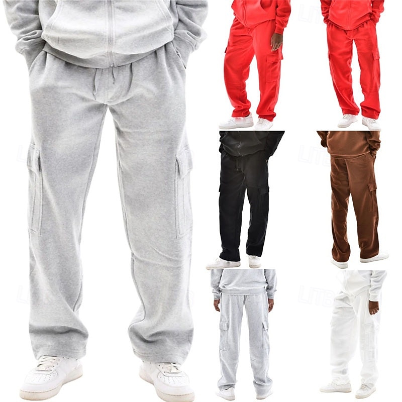 Men's Trousers Cargo Sweatpants Straight Leg Sweatpants Pocket Drawstring Elastic Waist Plain Comfort Warm Sports Outdoor Daily Fashion Casual Black White Micro-elastic