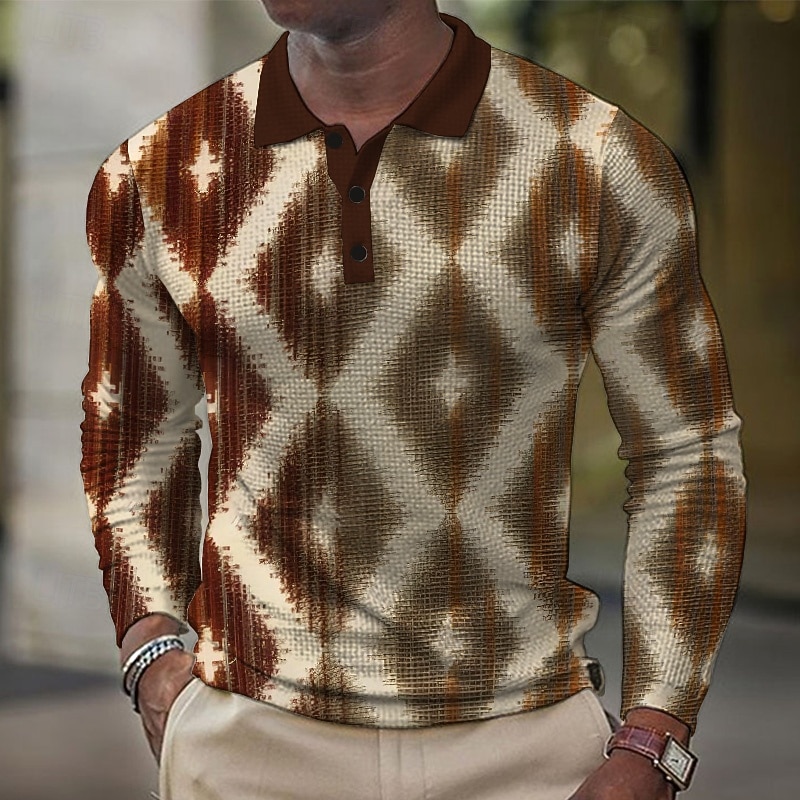 Men's Plaid Waffle Polo Shirts Long Sleeve Polo Shirts Collar Vintage Casual Outdoor Vacation Dailywear Buttons Spring Fall Winter Brown