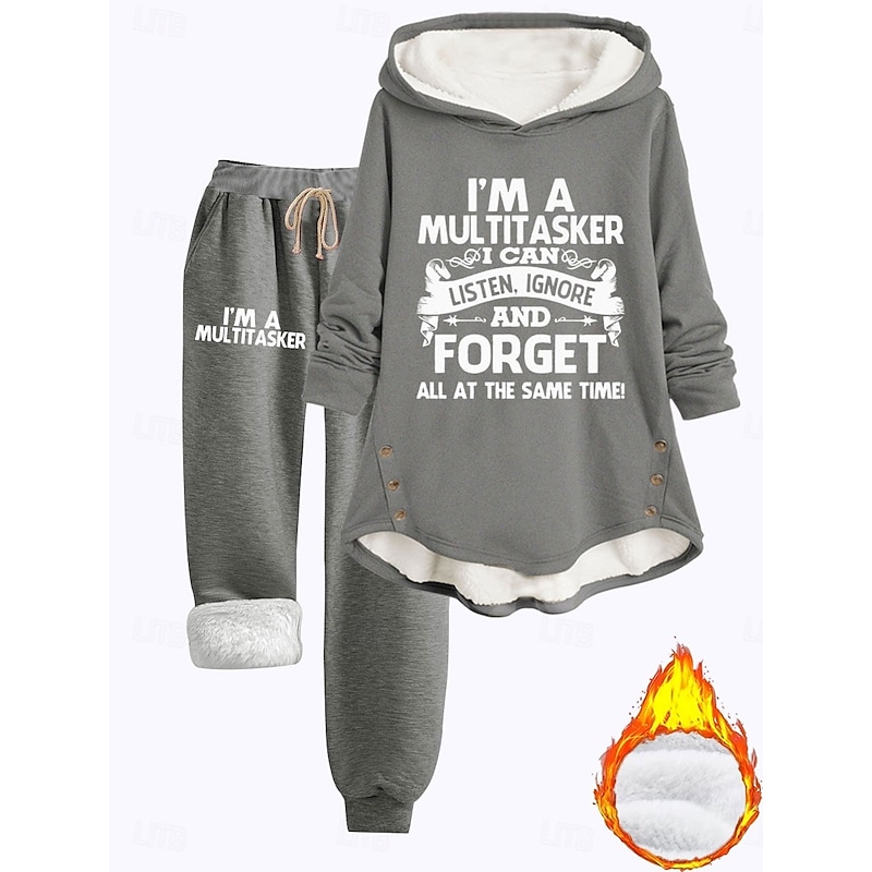 Women's Pajamas Set Fleece Lined 2 Pieces Hoodie Tracksuits Fleece Pants Long Sleeve Daily Hooded Letter Drawstring Print Casual Black Dark Pink Gray Fall Regular Fit