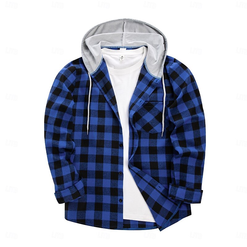 Men's Shirt Flannel Shirt Overshirt Plaid Outdoor Street Black White Red Blue Long Sleeve Hooded Winter Spring &  Fall Clothing Apparel