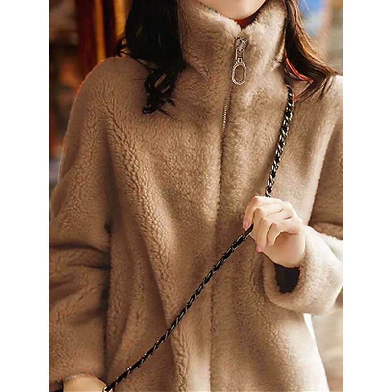 Women's Sweatshirt Casual Sherpa Plain Street Dailywear Turtleneck Zipper Pocket Long Sleeve White Light Green Khaki Fall Winter3