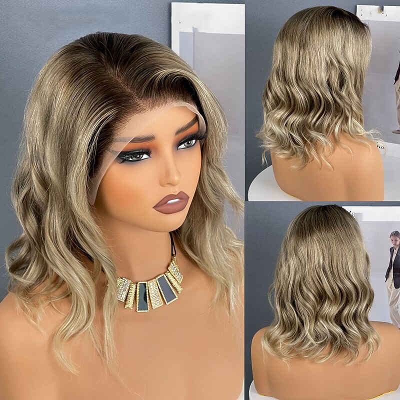 Remy Human Hair 13x4 Lace Front Wig Short Bob Free Part Peruvian Hair Body Wave Light Brown Blonde Multi-color Wig 150% Density with Baby Hair Glueless Pre-Plucked For wigs for black women Long2