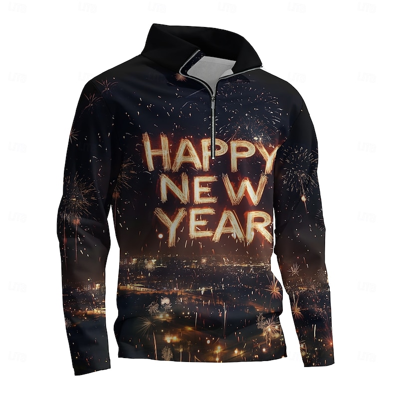 New Year Men's Graphic Happy New Year Hoodies Daily Casual Long Sleeve Stand Collar Vacation New Year Going out Black Print Winter Spring &  Fall Designer4
