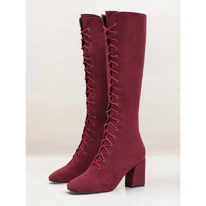 Women's Red Knee-High Lace-Up Boots with Block Heels & Plush Lining – Warm Winter Fashion Boots for Casual and Dressy Outfits3