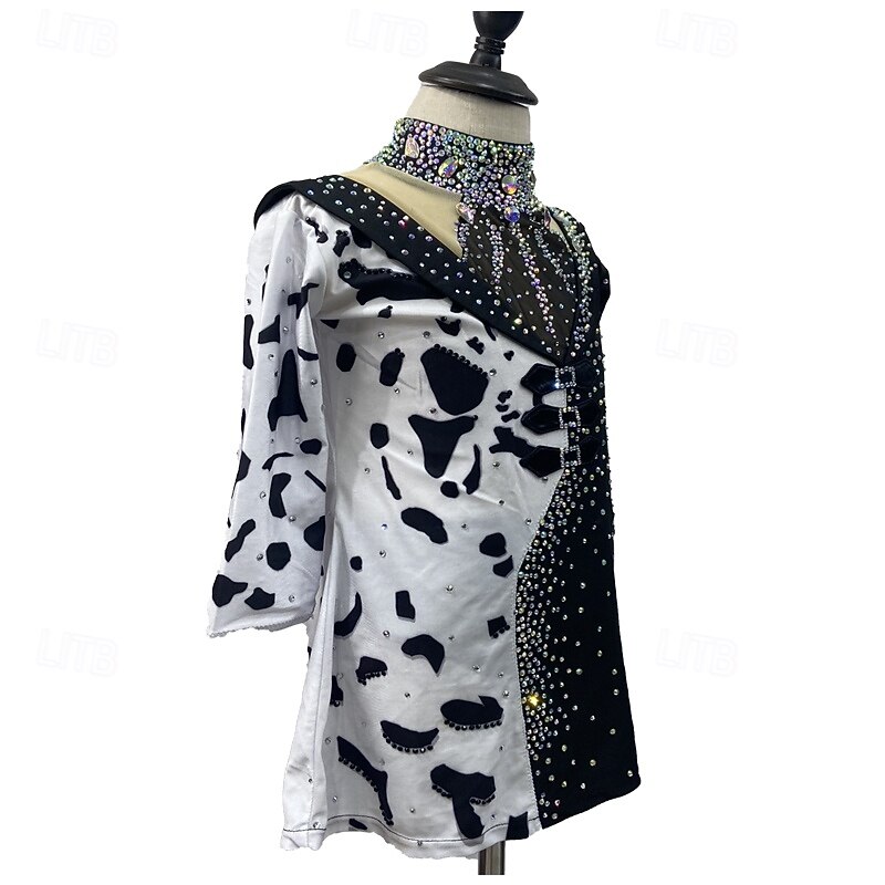 Figure Skating Dress Women's Girls' Ice Skating Dress Black White Patchwork Thumbhole Mesh Spandex Stretchy Training Practice Professional Skating Wear Thermal Warm Crystal / Rhinestone Long Sleeve3