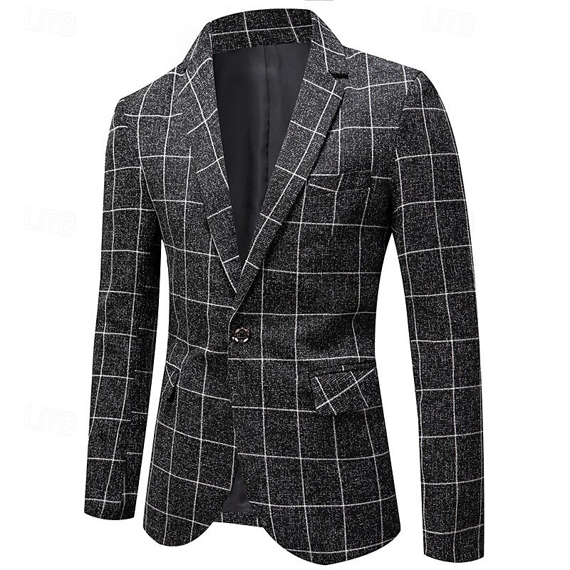 Men's Blazer Business Cocktail Party Wedding Party Fashion Casual Spring &  Fall Polyester Plaid Pocket Buttons Comfortable Single Breasted Blazer Black White Navy Blue Gray
