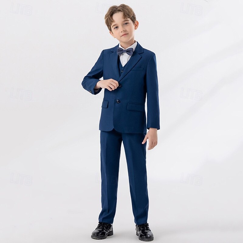 4 Pieces Ring Bearer Suit Boys Kids Suit Formal Suit Blazer & Vest & Pants & Tie Formal Party Valentines Fashion Cool Solid Color Pocket White Wine Navy Blue Polyester2