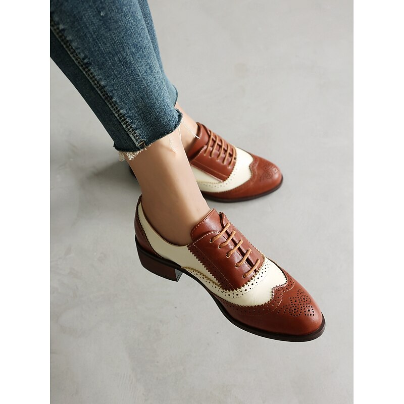 Women's Tri-Color Brogue Oxford Shoes with Wingtip Design and Low Heel - Vintage Formal Footwear for Office and Special Occasions 16