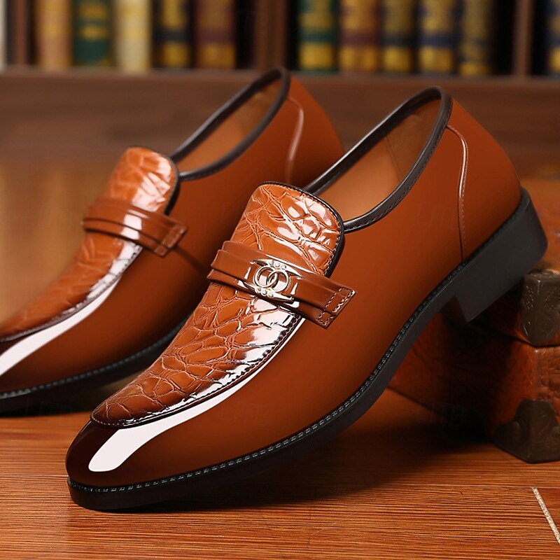 Men's Brown Patent Faux Leather Loafers – Crocodile Pattern Slip-On Dress Shoes with Metal Decoration for Formal and Business Attire2