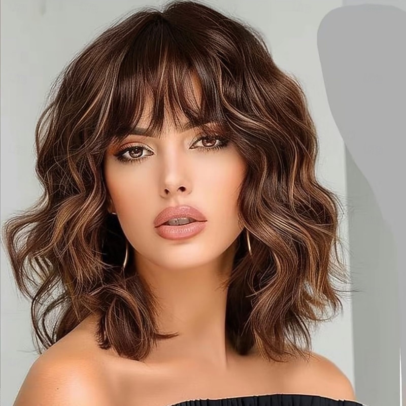 Wigs for Women Short Wavy Curly Bob Wig with Bangs Shoulder Length Synthetic Hair for Daily Party Use2