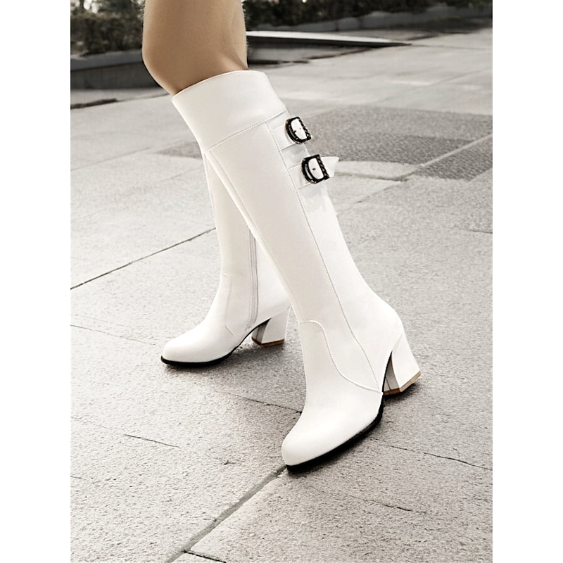 Women's White Knee-High Boots with Double Buckle Detail – Stylish Block Heel Boots for Winter and Casual Outfits2