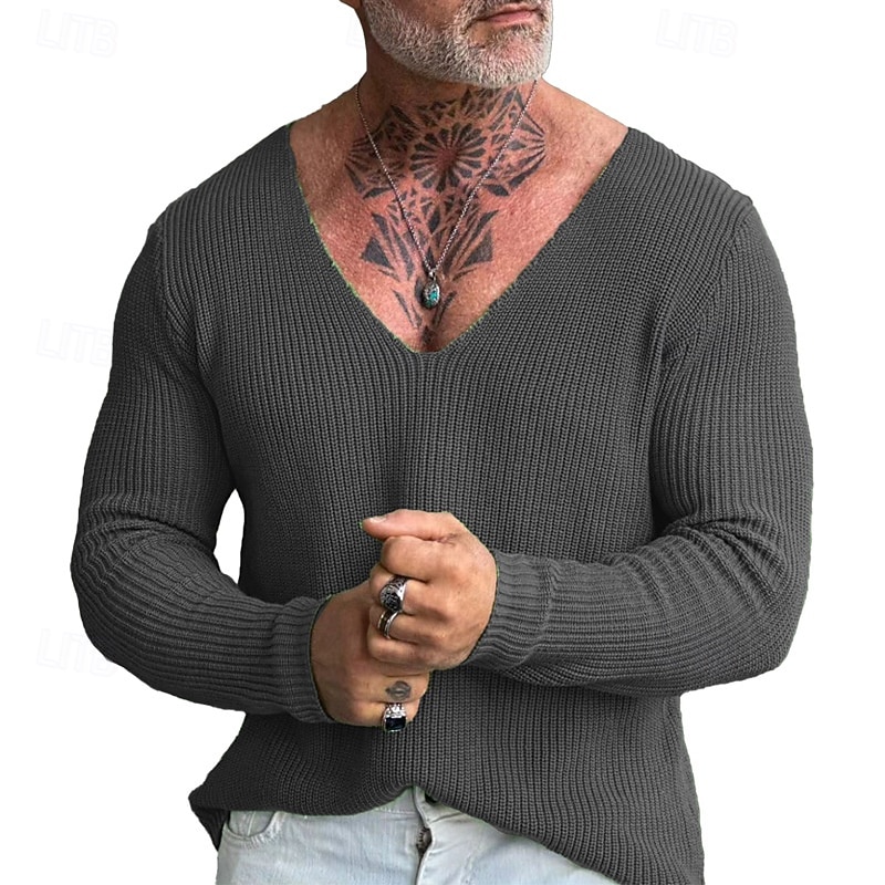 Men's Pullover Sweater Jumper Knit Sweater Ribbed Knit Regular Knitted Plain V Neck Fashion Basic Daily Wear Date Clothing Apparel Fall & Winter Black Blue S M L3