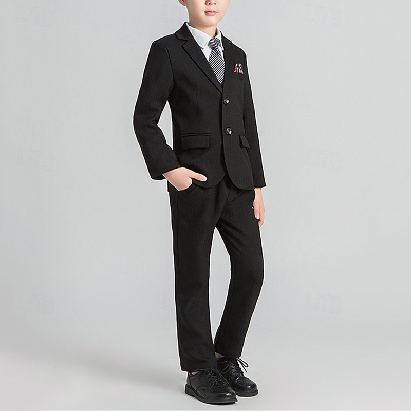 4 Pieces Ring Bearer Suit Boys Kids Suit Formal Suit Blazer & Vest & Pants & Tie Formal Party Valentines Fashion Cool Stripe Pocket Black Gray Polyester4