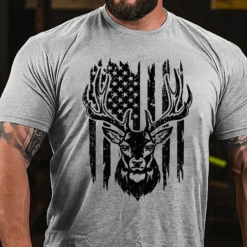 Men's American US Flag Hunting Deer T Shirt Tee Top 100% Cotton Short Sleeve Graphic Shirt Heather Gray White Army Green Comfortable Tee Street Camping & Hiking Fashion Designer Clothing3