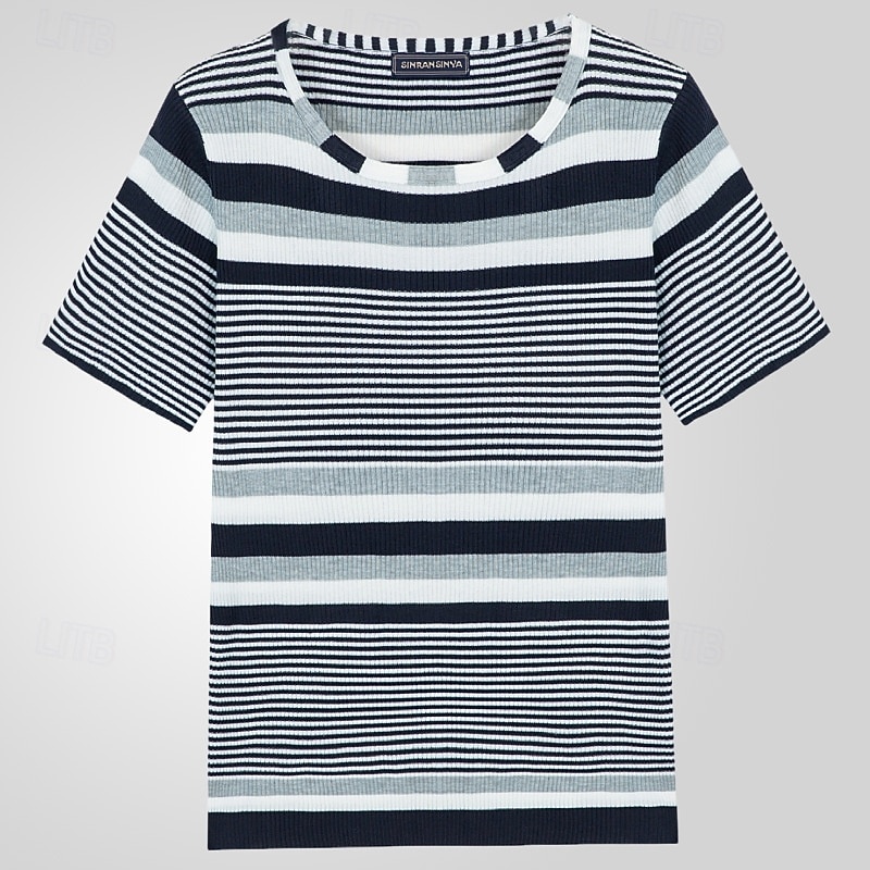 Men's T Shirt Knit Tee Tee Top Short Sleeves Crew Neck Summer Stripes Pit Strip Fashion Designer Basic Knitted Vacation Street Going out Dark Blue Top Tee for Men3
