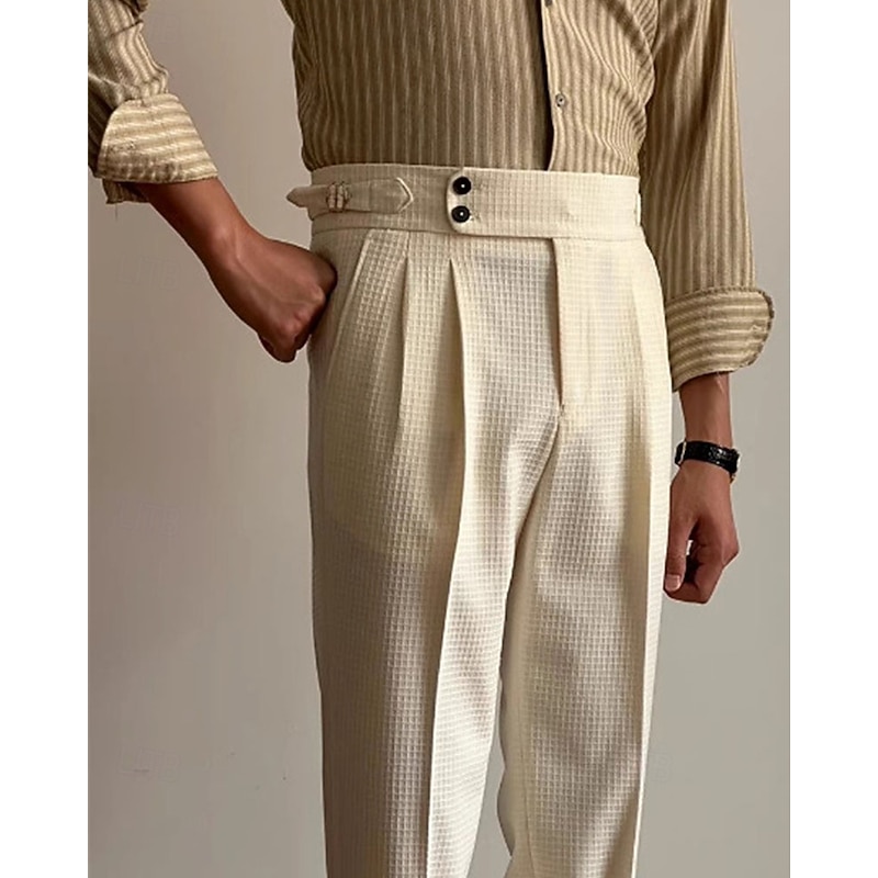 Men's Waffle Graduation Dress Pants Naples Trousers Trousers Buttons Pocket Solid Colored Comfort Formal Party Work Fashion Classic Style Black White Micro-elastic2