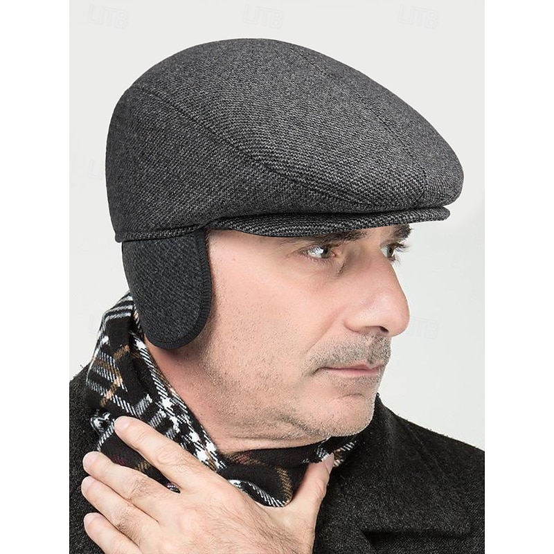 Men's Winter Flat Cap with Ear Flaps - Warm Tweed Newsboy Hat for Outdoor Activities and Casual Wear
