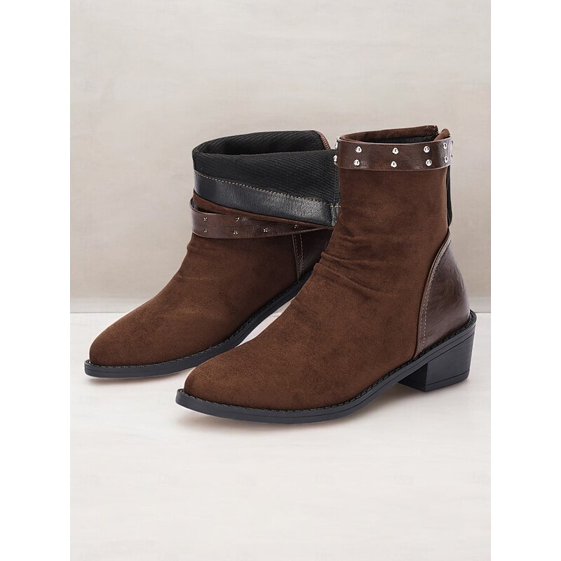 Women's Brown Suede Ankle Boots with Studded Faux Leather Straps – Western-Inspired Low Heel Boots for Casual and Outdoor Wear3