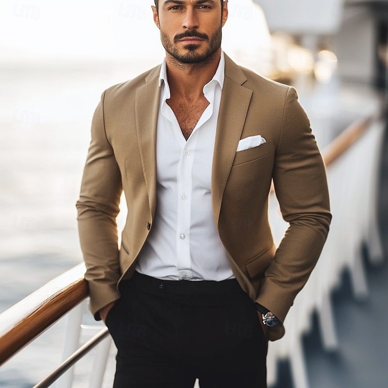 Men's Blazer Jacket Work Casual Daily Fashion Casual All Seasons Polyester Viscose Solid Colored Basic Single Breasted One-button Blazer Brown khaki2
