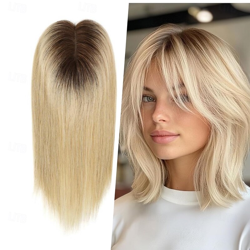 Toppers for WomenTop Hairpieces 100% Real Human Hair with bangs Human Hair Toppers with 3 Clips Swiss Lace Base Hand-Tied Hair lossing/Thinning Gray hair 12inch Ombre Light Blonde4