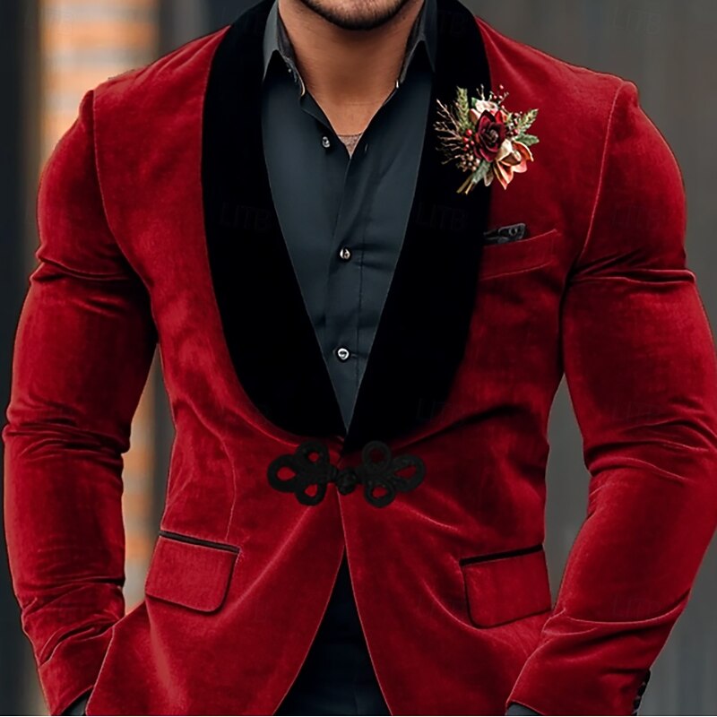 Men's Blazer Jacket Tuxedo Shawl Collar Christmas Vintage Velvet Solid Colored Blazer Red Standard Fit Single Breasted One-button2
