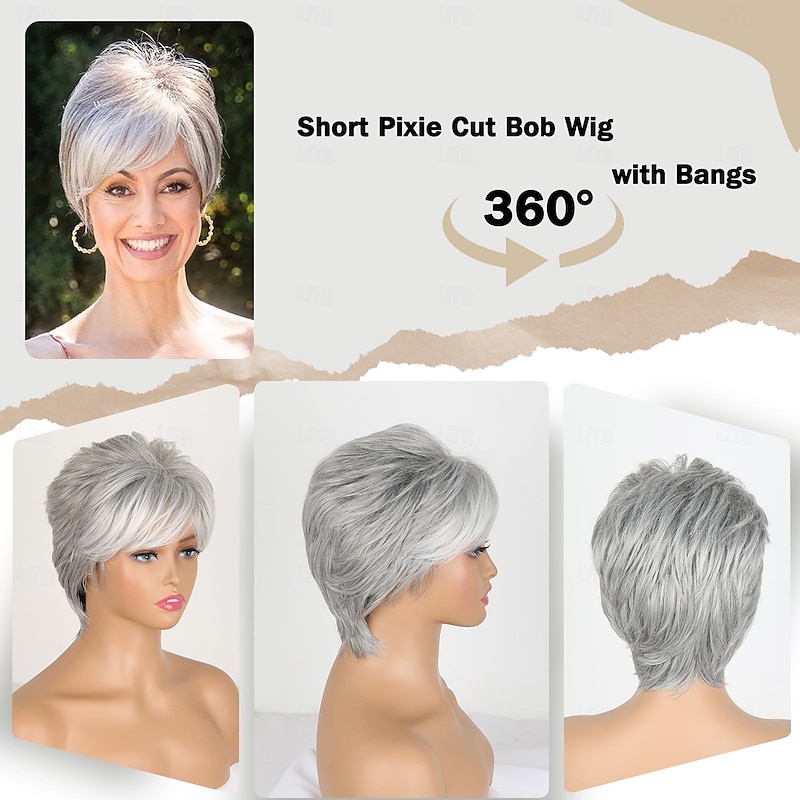 Grey Short Hair Wigs for White Women Silver Grey Short Curly Pixie Cut Wigs with Bangs Charming Synthetic Glueless Layered Wavy Wigs For Old Lady (Silver Gray)4