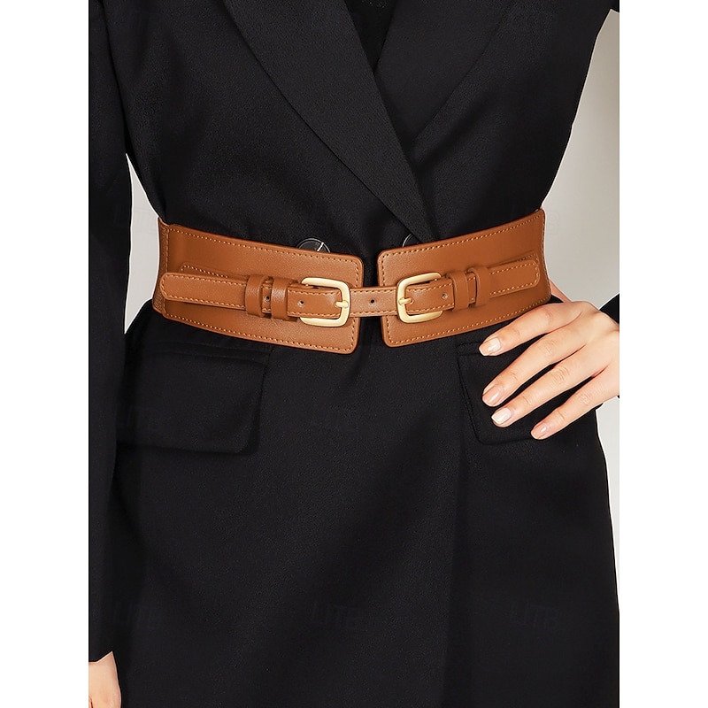 Women's Wide Brown Faux Leather Belt with Dual Buckles – Stylish Adjustable Waist Cincher for Dresses and Coats