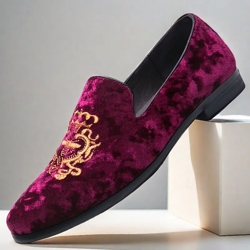 Men's Elegant and Sophisticated Burgundy Velvet Loafers with Embroidered Design - Perfect for Weddings or Special Events
