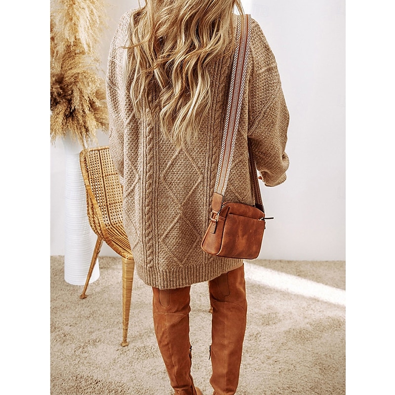 Women's Sweater Dress Casual Soft Pure Color Cable Crew Neck Knitted Long Sleeve Long Tops Knit Outdoor Daily Weekend Black Green Fall Winter2