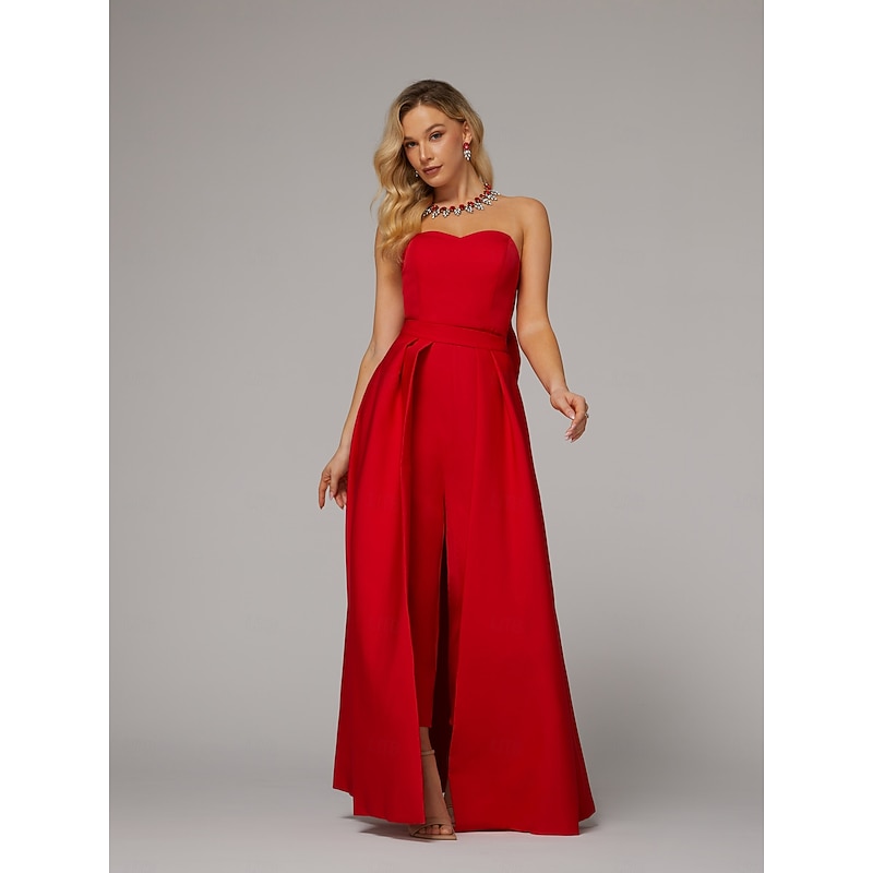 Jumpsuits Evening Gown Elegant Dress Wedding Guest Floor Length Sleeveless Sweetheart Pocket Satin with Bow(s) Overskirt2