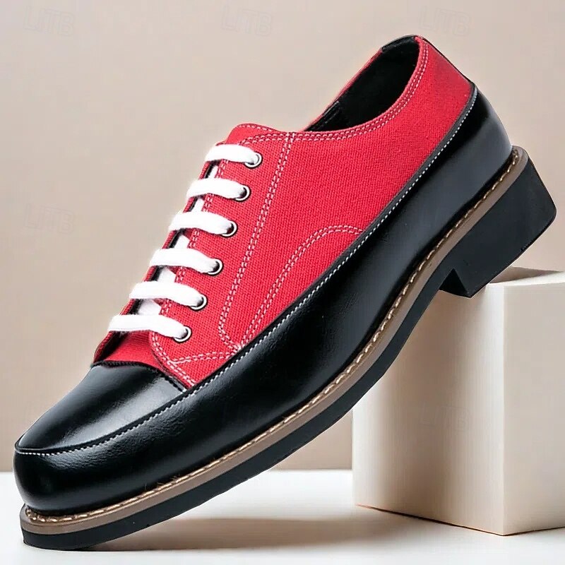 Men's Red Canvas and Black Faux Leather Oxford Shoes - Casual Lace-Up Design with Contrasting Stitching for Everyday Wear