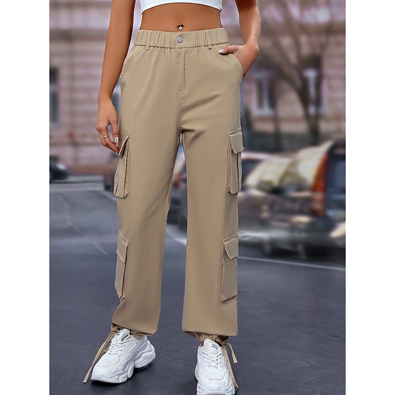 Women's Cargo Pants Full Length Solid Color Black Khaki Gray Spring &  Fall3
