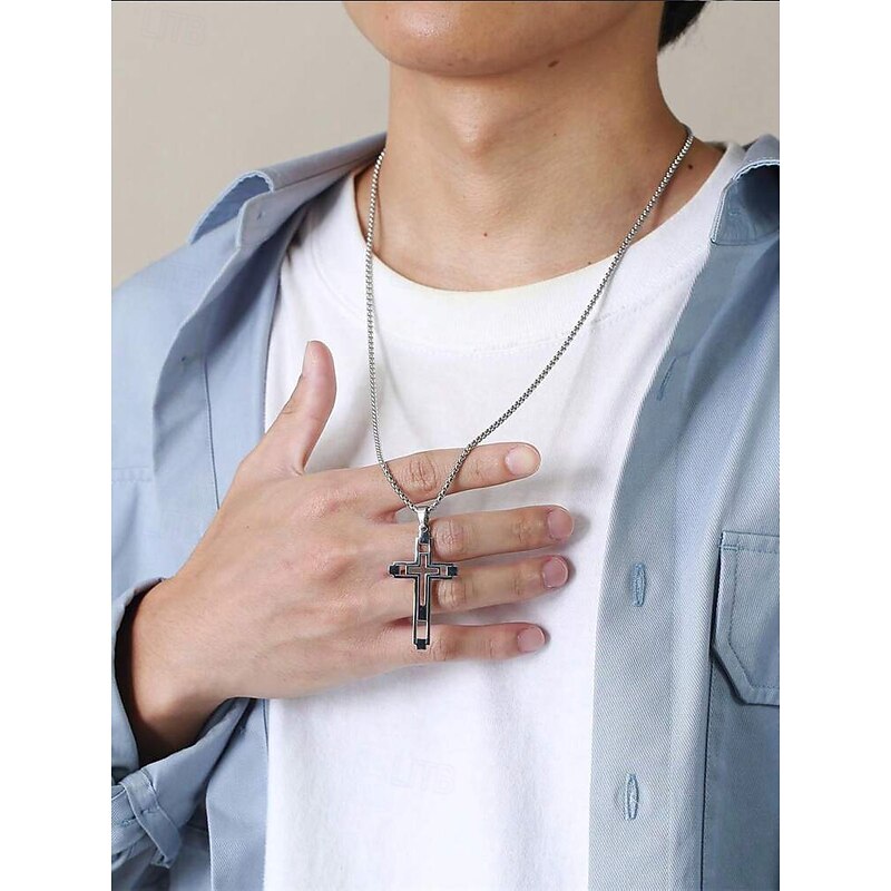 Men's Dual-Tone Stainless Steel Cross Pendant Necklace – Silver and Gold Finish, Modern Religious Jewelry2