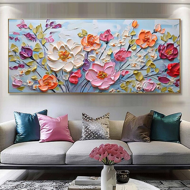 Handmade Hand Painted floral Oil Painting Wall Purole Flower Landscape Painting Home Decoration 3D Original Spiritual Flower Painting Wide Abstract White Floral Textured Wall Art Living Room Artwork4