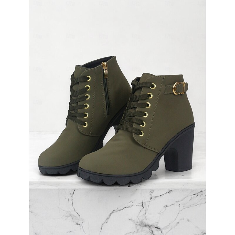 Women's Green Lace-Up Ankle Boots with Buckle Detail – Chunky Heel Combat Style for Casual and Outdoor Wear2