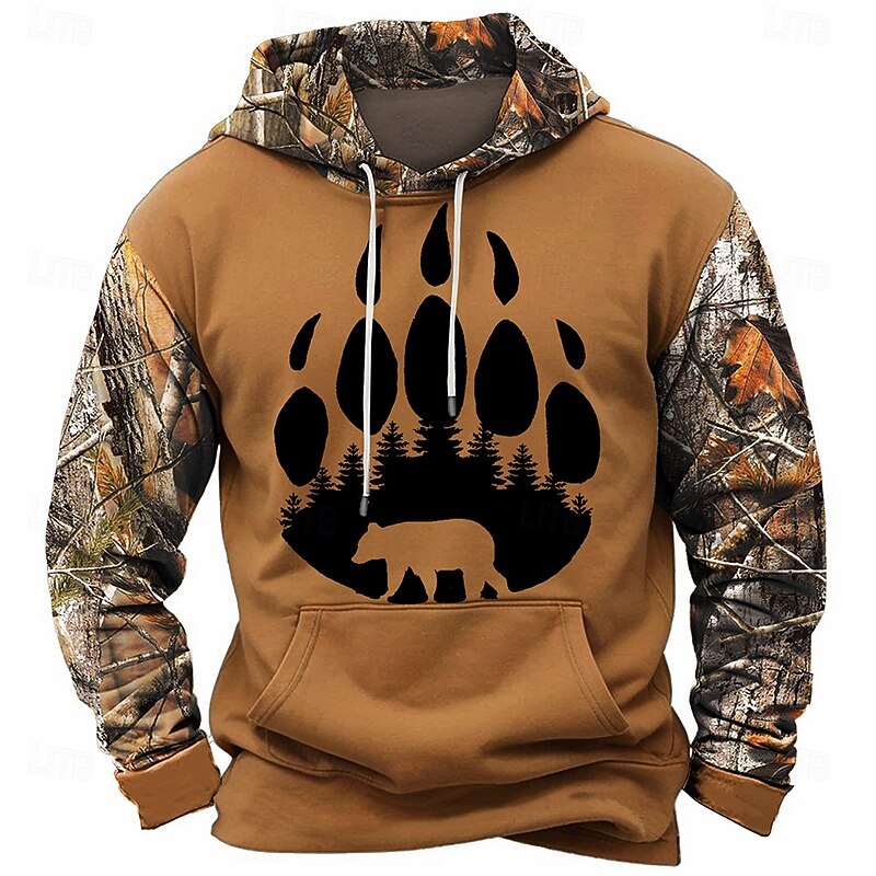 Men's Footprint / Paw Hoodies Fashion Cool Long Sleeve Crew Neck Holiday Going out Streetwear Light Brown Brown Drawstring Fall Winter Designer