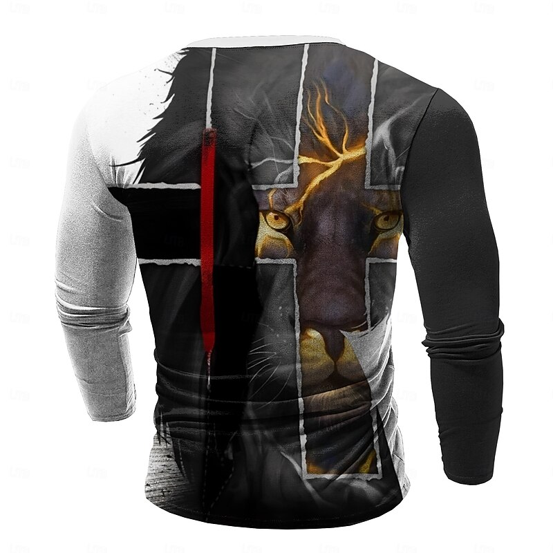 Men's Wolf Cross Long Sleeve Print Daily Daily Spring &  Fall Black Henley T-Shirt2
