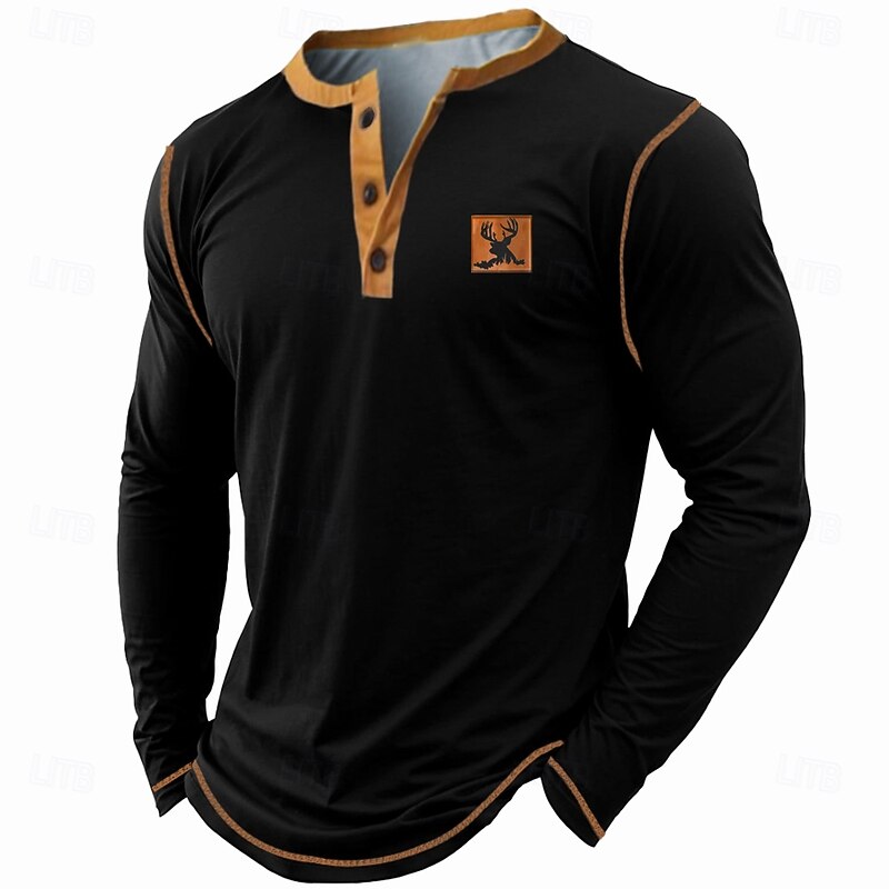 Men's Animal Deer Henley Shirt Long Sleeve T shirt 3D Print Henley Shirt Retro Vintage Cowboy Casual Daily Holiday Black Army Green Dark Blue Summer Spring Fall Clothing Apparel Normal S M L XL XXL4