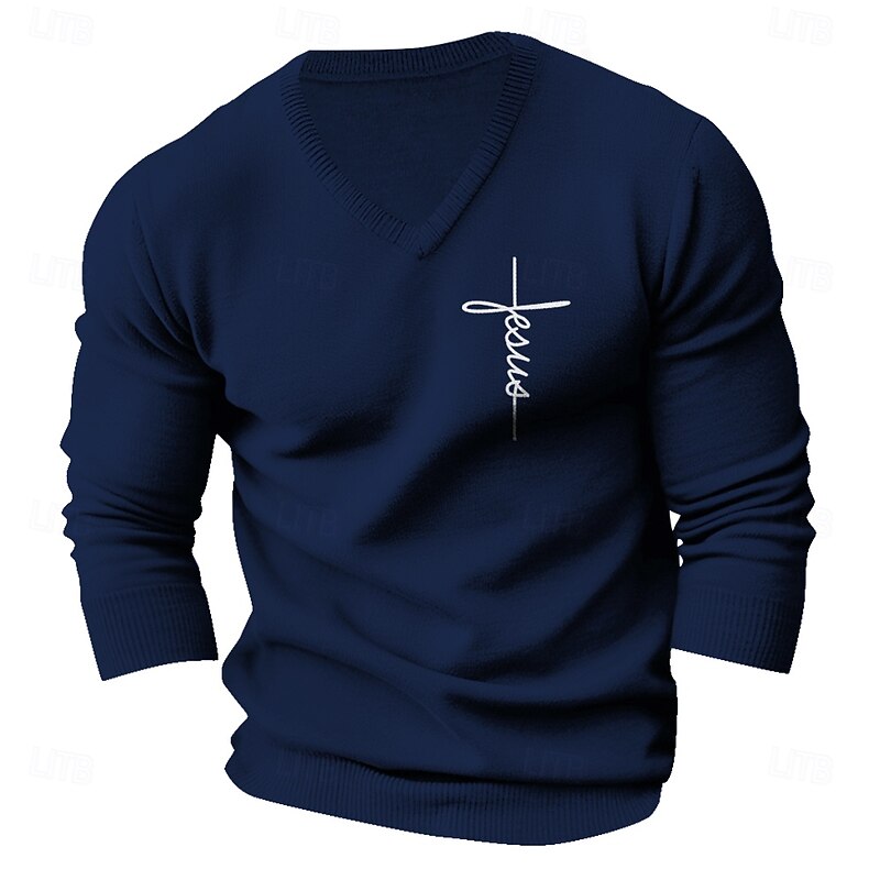Men's Faith Pullover Sweater Jumper V Neck Casual Party Evening Wear Daily Embroidered Knitting Warm Long Sleeve Fall Winter Wine Black Dark Navy2