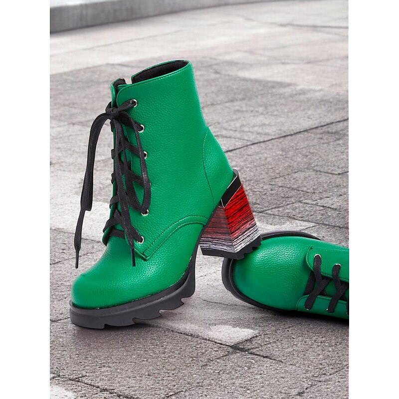 Women's Bold Green Lace-Up Ankle Boots – Chunky Block Heel with Side Zipper, Perfect for Fashion-Forward Street Style and Casual Wear4