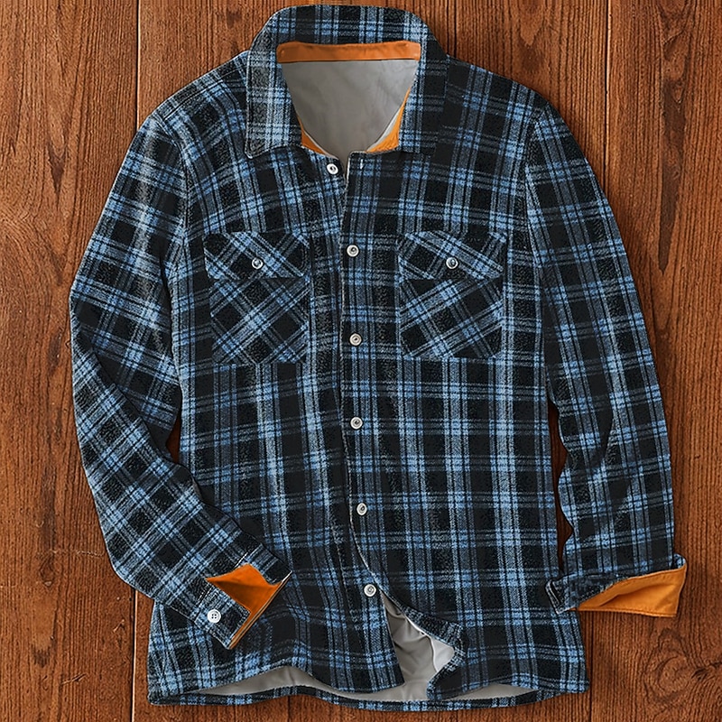 Men's Plaid Fleece Shirt Shirt Jacket Overshirt Long Sleeve Vintage Casual Outdoor Street Daily Wear Fall & Winter Turndown Collared Shirts Buttons 3D Print 2 Pockets Blue Brown2