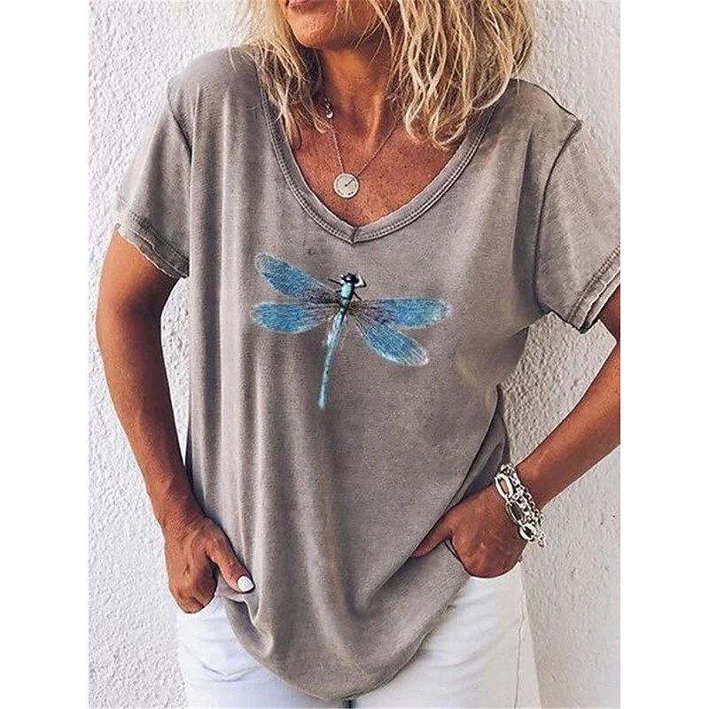 Women's T Shirt Dragonfly Fashion Modern Casual Short Sleeve V Neck Regular Tops Daily Weekend Print Red Blue Gray Summer3