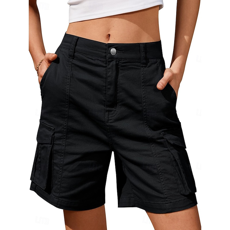 Women's Normal Cargo Shorts Casual Daily Knee Length Medium Waist Solid Color Multi Pocket Comfy Quick Dry Breathability Micro-elastic Outdoor Black White Gray Summer Regular Fit