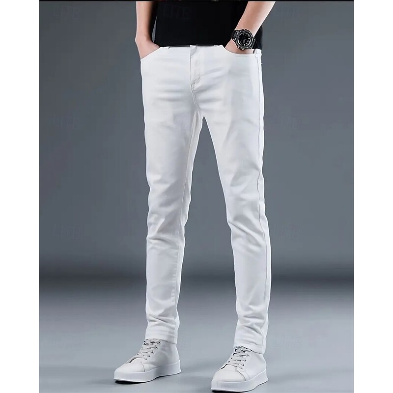 Men's Dress Pants Skinny Trousers Chinos Buttons Pocket Solid Color Comfort Formal Party Work Fashion Classic Style Black White Micro-elastic4