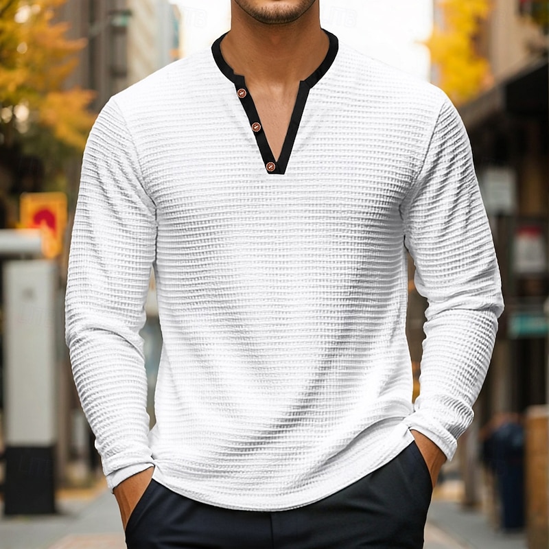 Men's Waffle Henley Shirt Tee Top Long Sleeve Shirt Long Sleeve Henley Summer Solid Color Fashion Designer Comfortable Buttons V Neck Outdoor Casual Daily Black White Blue Top Tee for Men