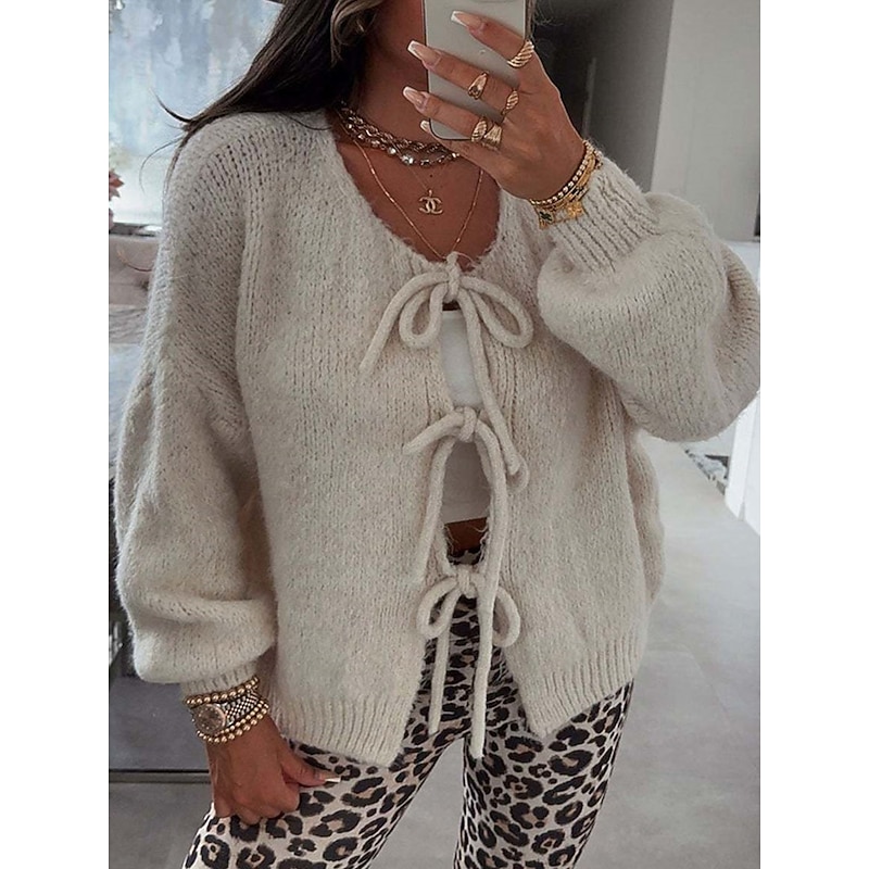 Women's Sweater Cardigan Casual Soft Pure Color Ribbed Crew Neck Knitted Long Sleeve Regular Tops Knit Outdoor Daily Weekend Pink Beige Fall Winter